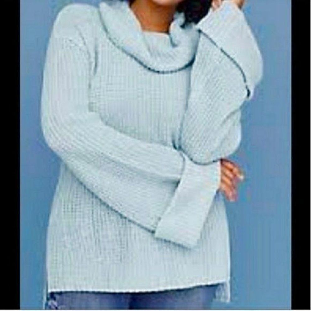 Lane Bryant Cable Knit Draped Cowl Cuffed Bell Sleeve Turquoise Sweater Sz 18/20